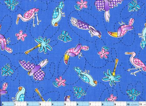 Island Gingham Birds Palms Blue Fabric